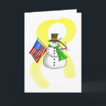 Cartão de Natal Patriótico Snowman e Fita Amarela<br><div class="desc">Nós misturamos nosso boneco de neve patriótico com seu braço de saudação e seu braço de bandeira em cima da Faixa de Opções Amarela que representa "Chegando a Casa". E este cartão diz que sentimos sua falta e deseja que o destinatário seja... "lar para as férias." Espero que para sempre!...</div>