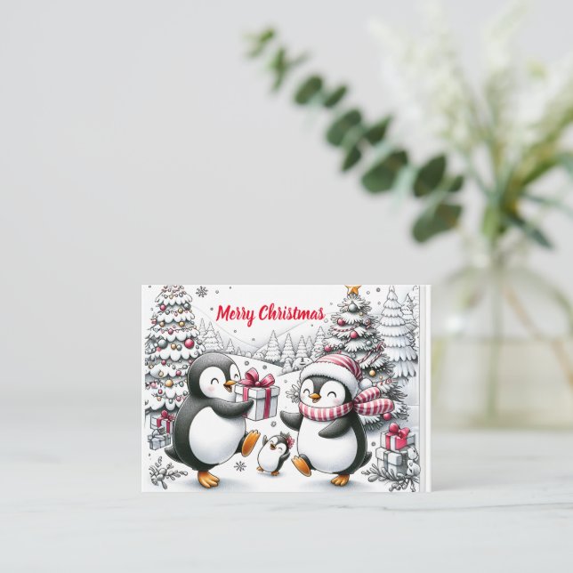 Cartão de Natal Personalizado da Família Penguin S (Em pé/Frente)