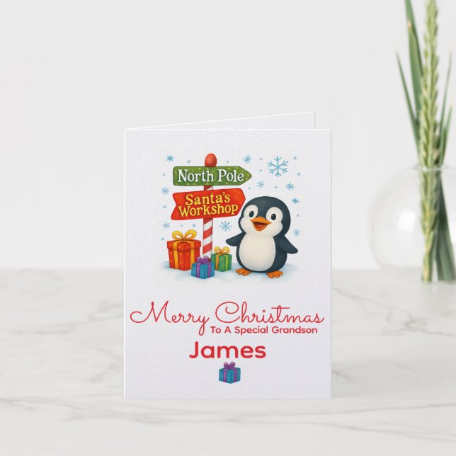 Cartão de Natal Personalizado de Pinguim (Frente)