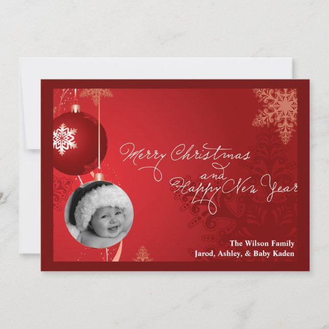 Cartão de Natal PHOTO PHOTO Red Ornament 5x7 (Frente)