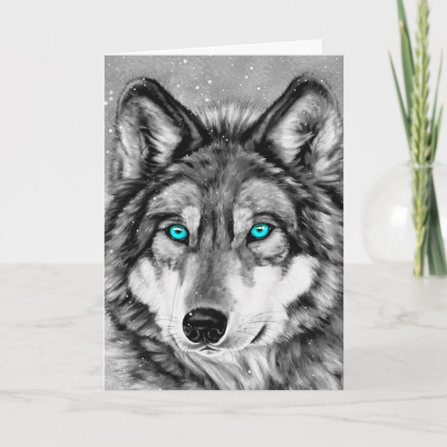 Cartão de Natal pintado do Grayscale do lobo (Frente)