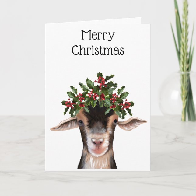 Cartão de Natal - Posey the Goat with Holly (Frente)
