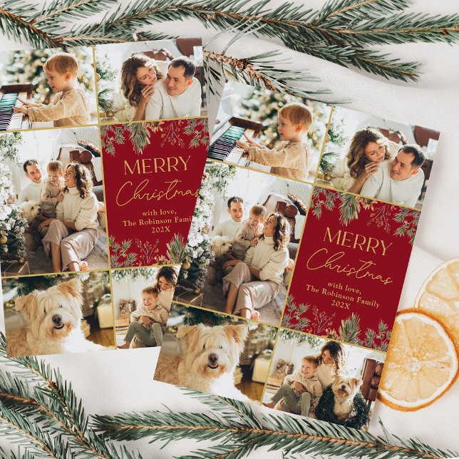 Cartão de Natal Red Dourado Botanical 5 Foto (Criador carregado)