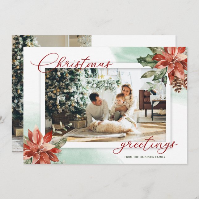 Cartão de Natal Red Poinsettia Holly 2 (Frente/Verso)