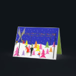 Cartão de Natal retro da fazenda de árvore do<br><div class="desc">Este cartão de Natal retro customizável da fazenda de árvore do Natal caracteriza um meio século moderno, minimalista, família dos desenhos animados à procura da árvore perfeita para aparar. O design mostra a mamã, o pai e o júnior em um colorido, estilo dos anos 60, o lote da árvore de...</div>