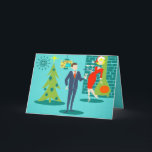 Cartão de Natal retro do casal dos desenhos<br><div class="desc">Este cartão de Natal retro do casal dos desenhos animados do feriado p-lo-á no espírito do feriado. As características de design dianteiras um fundo de turquesa com tijolos da cerceta e uma verde azeitona, lareira do cone. Há uma cerceta, pulso de disparo de parede do starburst e uma lâmpada de...</div>