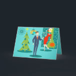 Cartão de Natal retro do casal dos desenhos<br><div class="desc">Este cartão de Natal retro do casal dos desenhos animados do feriado p-lo-á no espírito do feriado. As características de design dianteiras um fundo de turquesa com tijolos da cerceta e uma verde azeitona, lareira do cone. Há uma cerceta, pulso de disparo de parede do starburst e uma lâmpada de...</div>