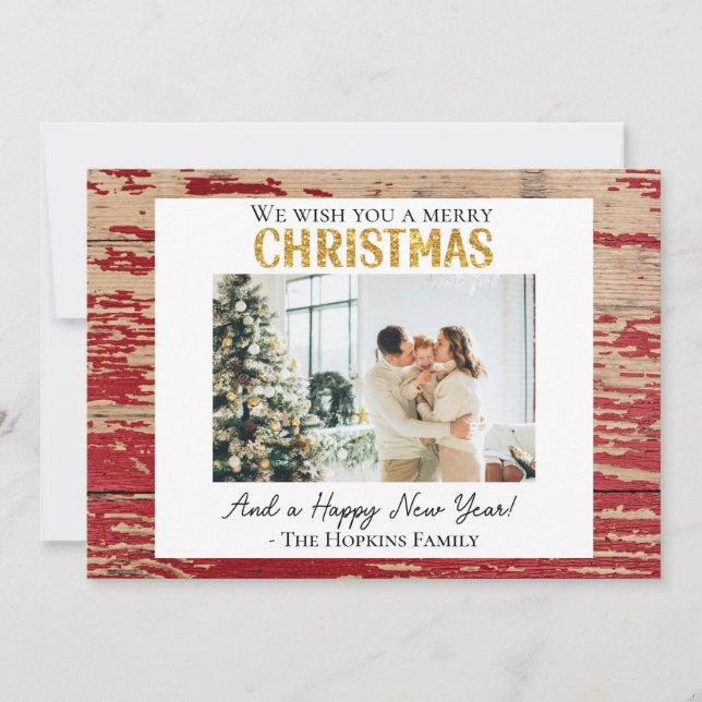 Cartão de Natal Rustic Red Barn Wood Personalizado (Frente)