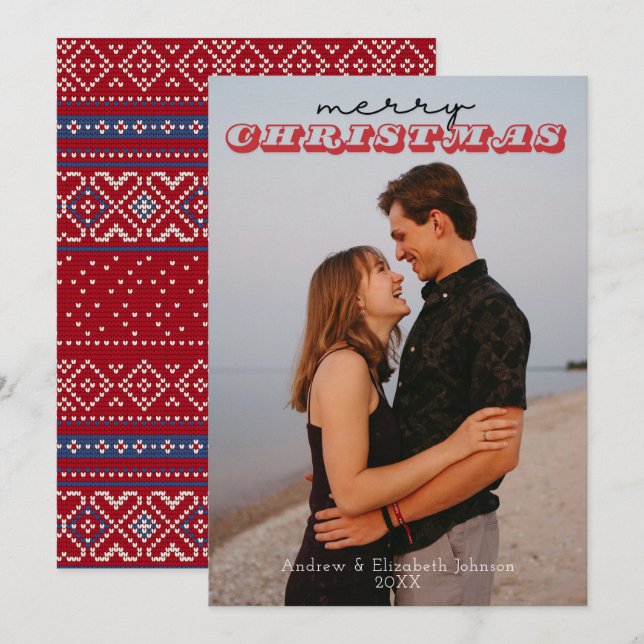 Cartão de Natal Rustic Red & Blue Sweater 1 (Frente/Verso)