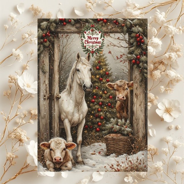 Cartão de Natal Rústico de Fazenda com Vaca e Cava (Rustic Farmhouse Cow Horse Country Christmas Card)