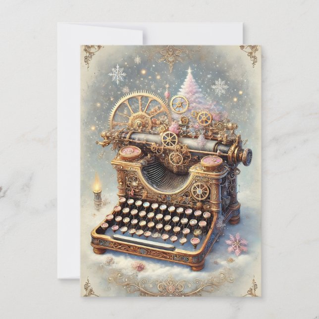 Cartão de Natal Steampunk Pastel Máquina de Escrev (Frente)