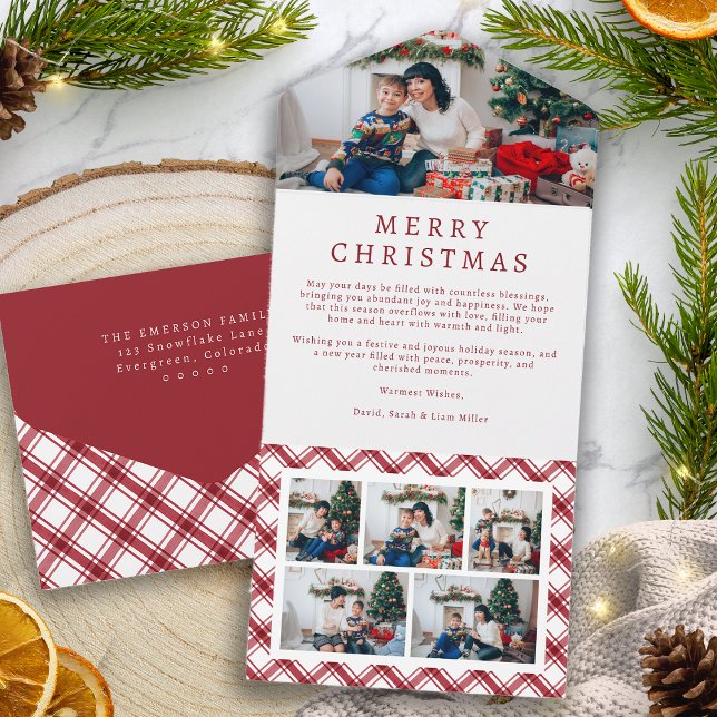 Cartão de Natal Triplo com Xadrez Vermelho e Branc (Red and White Plaid Holiday Trifold Card
)