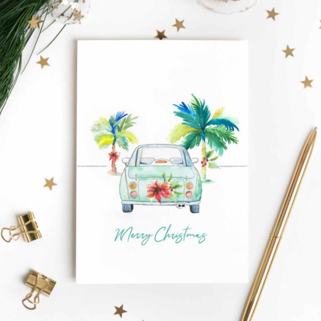 Cartão de Natal Tropical Florida Watercolor (Tropical holiday greeting cards features Christmas palm tree and car design by Victoria Grigaliunas)