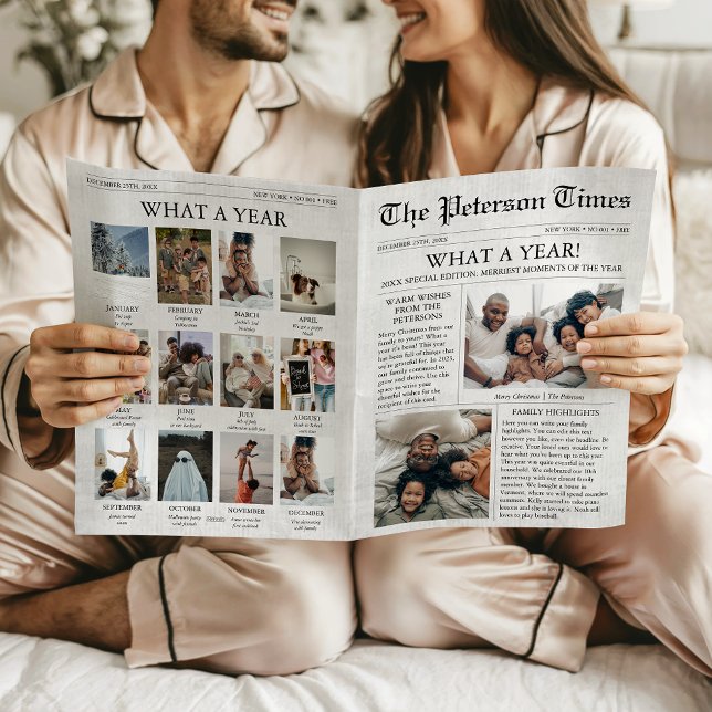 Cartão de Natal Único do Jornal - Que Ano (What a Year Newspaper Folded Christmas Card Unique, Multi Photo)