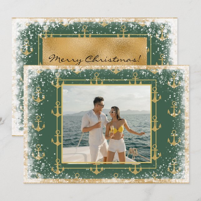 Cartão de Natal Verde com Foto Náutica (Frente/Verso)