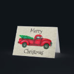 Cartão de Natal vermelho da árvore de Natal do<br><div class="desc">Este cartão vermelho da árvore de Natal do caminhão do vintage caracteriza um impressão de minha pintura original da aguarela de um arrasto vermelho velho do caminhão
uma árvore de Natal.</div>