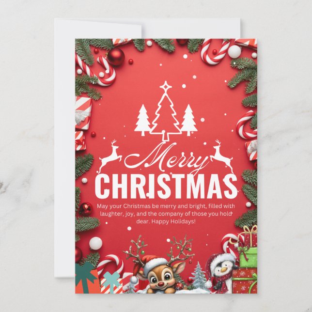Cartão de Natal Vermelho Festivo com Joy Reindeer (Frente)
