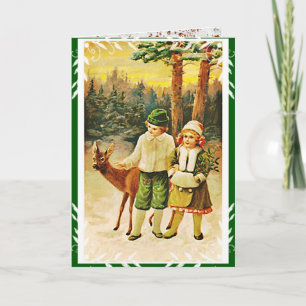 Cartão de Natal Vintage German Deer Woodland