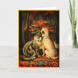 Cartão de Natal Vitoriano Cão e Gato Amigáveis
