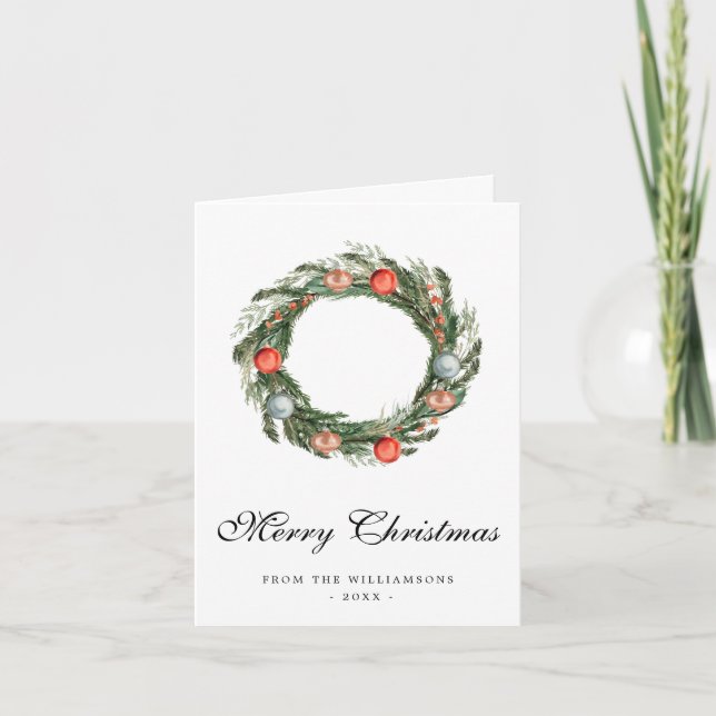 Cartão de Natal Watercolor Greenery Wreath (Frente)