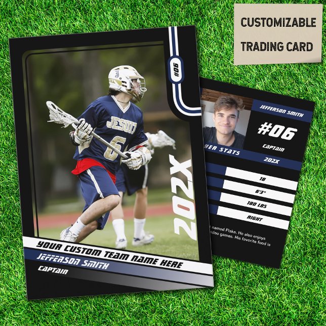 Cartão de Negociação do Jogador de Lacrosse com Az (Lacrosse Player Trading Card in Black with Custom Team Name and Blue White Elements)