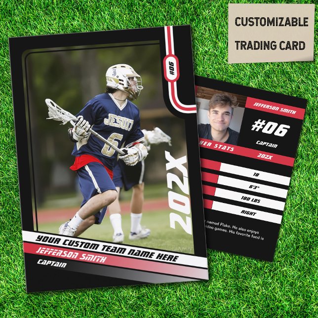 Cartão de Negociação do Jogador de Lacrosse em Ver (Lacrosse Player Trading Card in Black with Custom Team Name and Red White Elements)