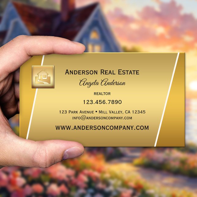 Cartão de negócios Dourado de Realtor de Logotipo  (Business card showing your logo on a modern gold background - real estate agency - housing - realtor)