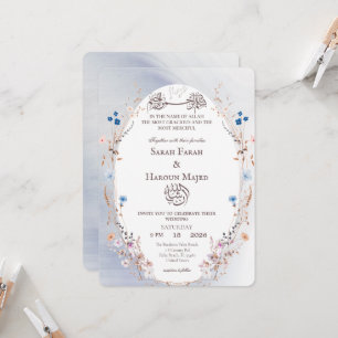 Cartão de Nikkah Bismillah Azul e Dourado Muçulman
