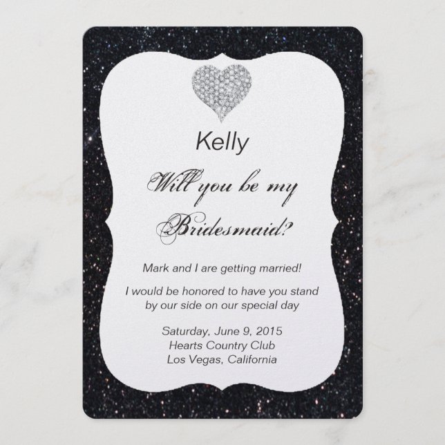 Cartão de Noiva com Coração de Diamante em Brilho  (Frente)