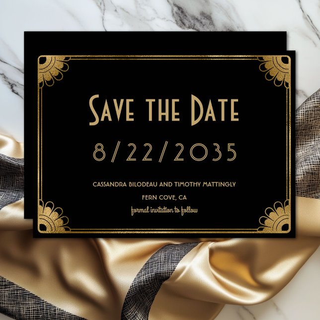 Cartão de Noivado Art Déco Simples em Preto e Dour (Elegant black and gold wedding Save the Date flat card)