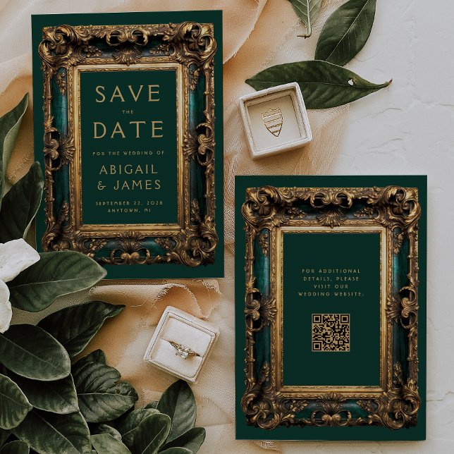 Cartão de Noivado com Código QR em Verde Dourado V (Criador carregado)