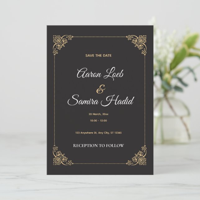 Cartão de Noivado Elegante Save the Date com Borda (Em pé/Frente)