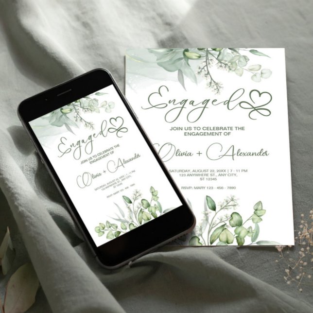 Cartão de Noivado Verde Eucalyptus, Casamento Únic (Eucalyptus Green Engagement Card, Unique Wedding Invitation)