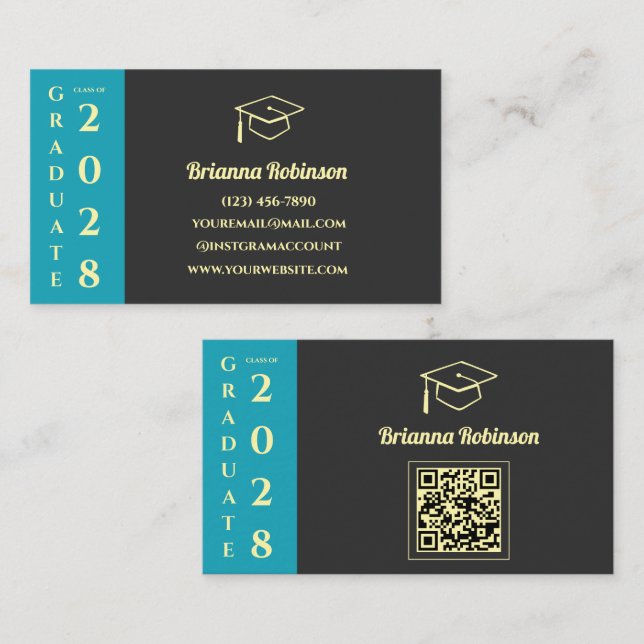 Cartão de Nome com Código QR de Formatura Turquesa (Frente/Verso)