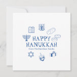 Cartão de nome da família personalizada azul-branc<br><div class="desc">Feliz Hanukkah,  personalize o cartão de saudação do nome da família. Feliz Hanukkah,  Feliz Chanukah,  Hanukkah Sameach!,  Chag Sameach!,  Chag Urim Sameach! Azul e branco</div>