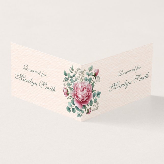 Cartão de Nome de Casamento com Peônias Rosa (Exterior)
