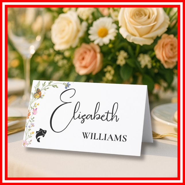 Cartão de Nome de Casamento Menu Peixe Floral Boho (Criador carregado)