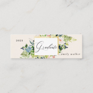 cartão de nome de formatura floral azul e rosa