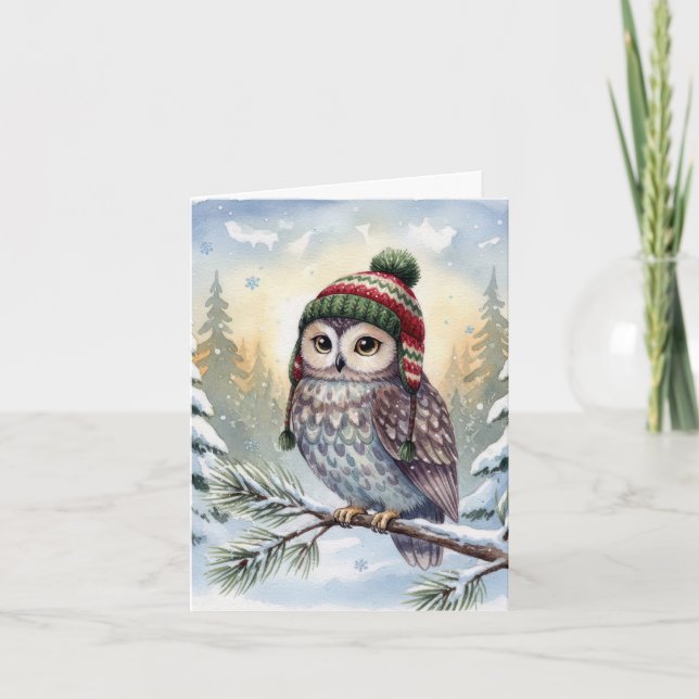 Cartão de Nota Aquarela Coruja com Chapéu de Inver (Frente)