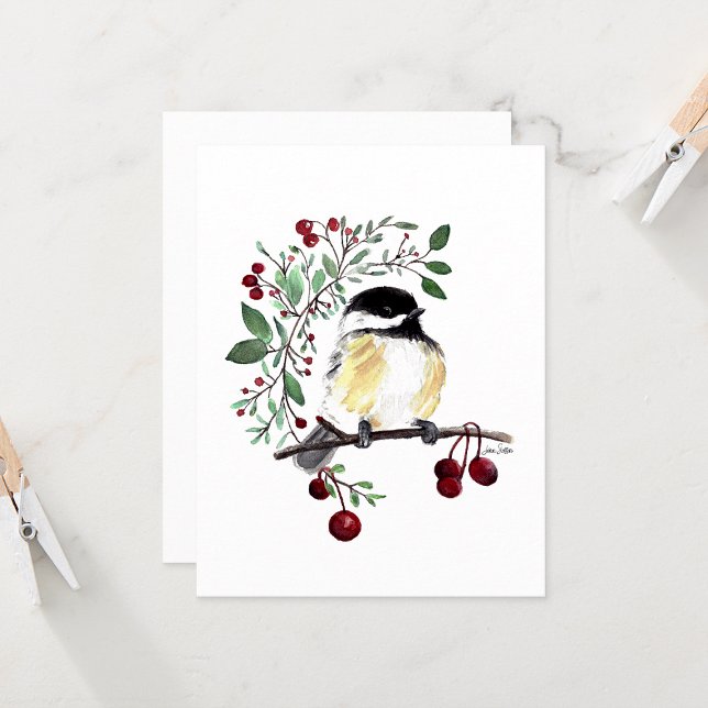Cartão de Nota Charmoso de Chickadee em Aquarela (Cute chickadee watercolor berries blank note cards from Jenn Steffen Art)