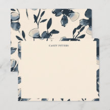Cartão de Nota Chata Floral Azul Marinho com Nome