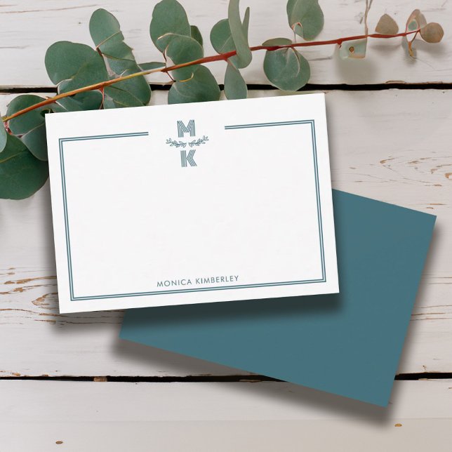 Cartão de Nota com Monograma de Duas Bordas Verde  (Minimalist Green Two Border Monogram Note Card)