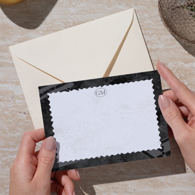 Cartão de Nota com Monograma e Borda Preto e Branc (Minimalist Black & White Border Monogram Note Card)