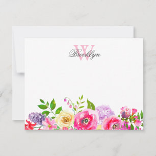 Cartão de Nota com Monograma, Floral, Púrpura, Bri
