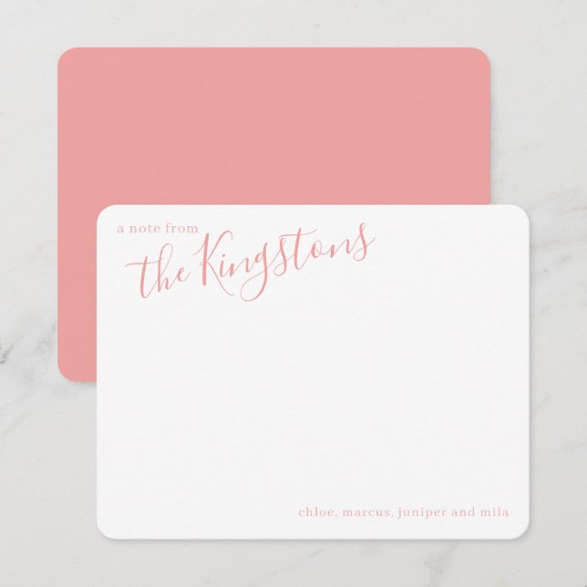 Cartão de Nota com Nome de Família Rosa Script (Frente/Verso)