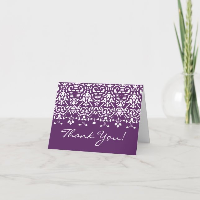 Cartão de Nota de Agradecimento Damask Roxo Modern (Frente)