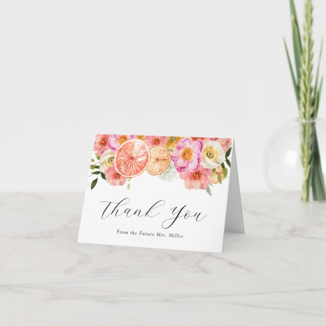 Cartão de Nota de Agradecimento Flores Rosa e Cítr (Frente)