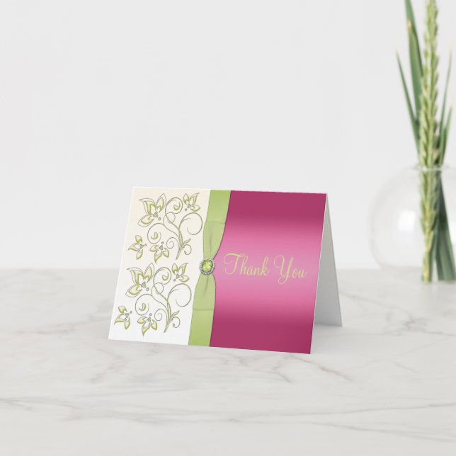 Cartão de Nota de Agradecimento Rosa e Verde (Frente)