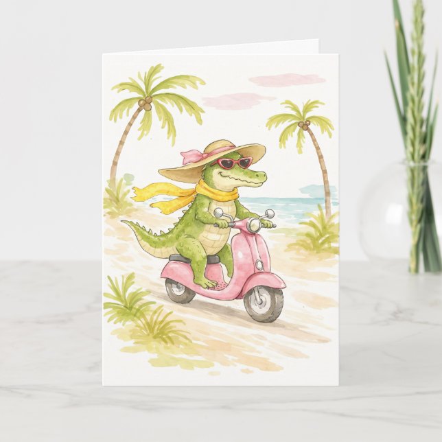 Cartão de Nota de Aquarela de Crocodilo de Praia (Frente)