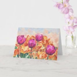 Cartão de Nota de Arte Floral de Tulipas Roxas e L